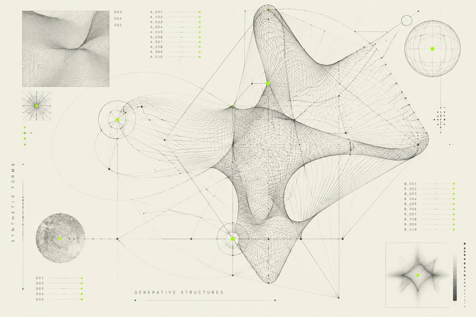 Abstract technical drawing of connected nodes and measurement annotations on an ivory background