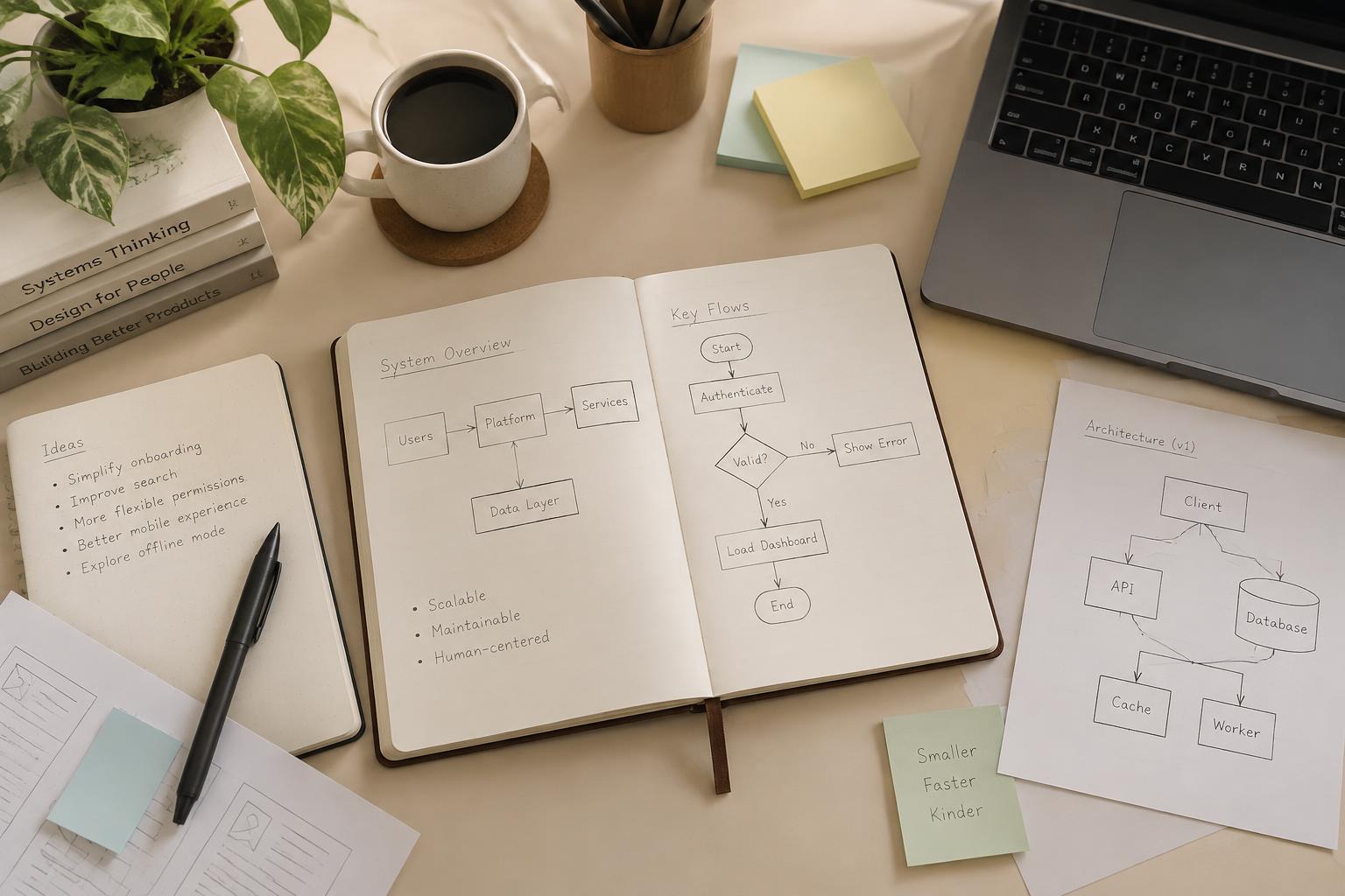 An open notebook with hand-drawn system overview and key flow diagrams on a workspace desk