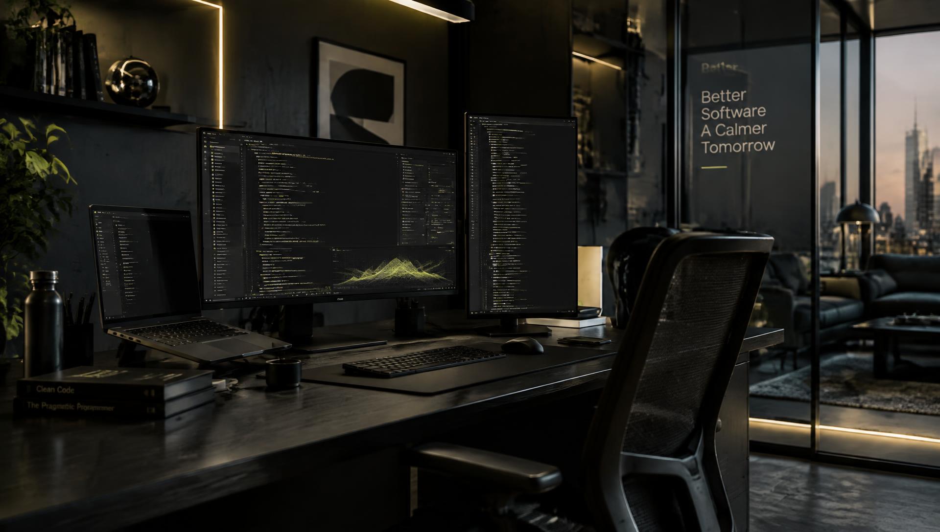 Engineering workstation with code editors and a monitoring chart displayed across two screens