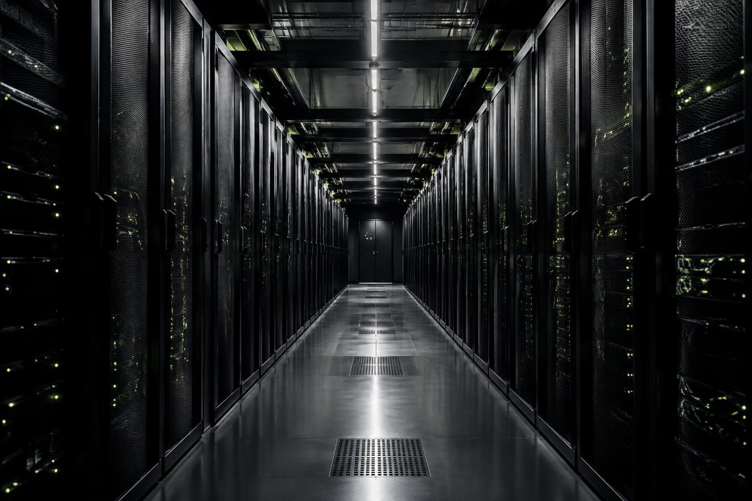 Server racks in a cool-lit data centre aisle representing managed cloud infrastructure